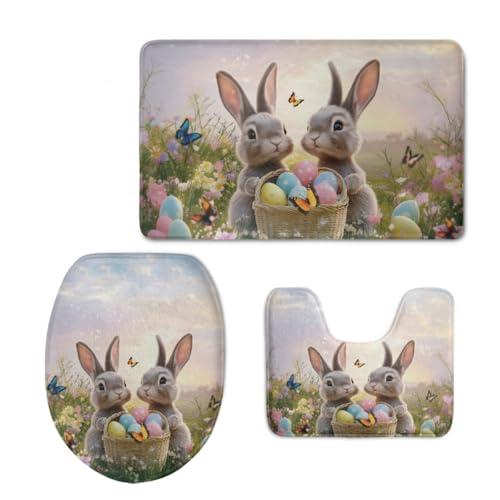 Badezimmermatte Grauer Kaninchen Schmetterling Fußmatte 3 Teilig Bath Mat rutschfest Badmatte Saugfähig Wohnzimmer Badezimmerteppich Langlebig Badematte Waschbar Badteppich Set Badezimmermatten 50x80 von HJOSWVNS