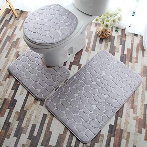 Badezimmermatte Grauer Stein Fußmatte 3 Teilig Badteppich Set Bath Mat rutschfest Badmatte Saugfähig Teppich Wohnzimmer Langlebig Badezimmerteppich Waschbar Fussmatte Innen 50x80cm von HJOSWVNS