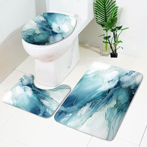 Badezimmermatte Grün Weiß Blau Fußmatte 3 Teilig Duschvorleger rutschfest Badezimmerteppich Saugfähig Badvorleger Set Bath Mat Langlebig Badmatte Waschbar Badematte 50x80cm von HJOSWVNS