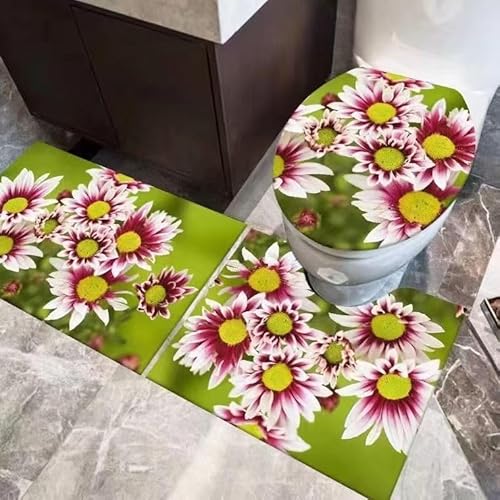 Badezimmermatte Grüne Blume Fußmatte 3 Teilig Badteppich Set Badmatte rutschfest Rugs for Living Room Saugfähig Bath Mat Langlebig Fussmatte Innen Waschbar Badezimmerteppich 45x75cm von HJOSWVNS