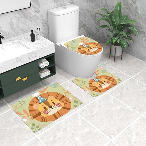 Badezimmermatte Grüner Löwe Orange Fußmatte 3 Teilig Duschvorleger rutschfest Badezimmerteppich Saugfähig Badvorleger Set Bath Mat Langlebig Badmatte Waschbar Badematte 50x80cm von HJOSWVNS