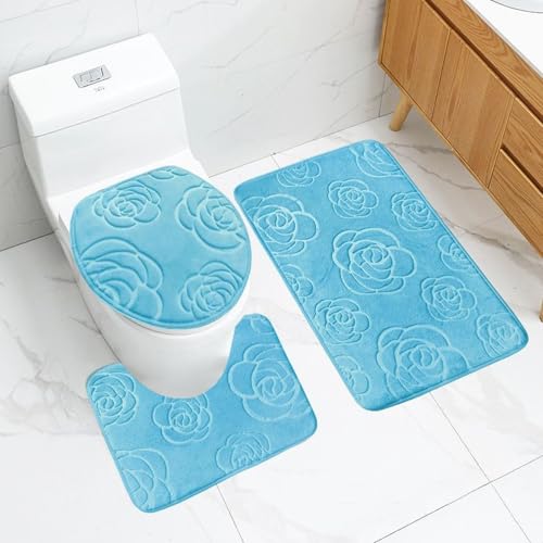 Badezimmermatte Hellblaue Blume Fußmatte 3 Teilig Badteppich Set Bath Mat rutschfest Badmatte Saugfähig Teppich Wohnzimmer Langlebig Badezimmerteppich Waschbar Fussmatte Innen 50x80cm Badezimmermatte Hellblaue Blume Fußmatte 3 Teilig Badteppich Set Bath Mat rutschfest Badmatte Saugfähig Teppich Wohnzimmer Langlebig Badezimmerteppich Waschbar Fussmatte Innen 50x80cm von HJOSWVNS