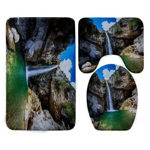 Badezimmermatte Himmelblau Grün Fußmatte 3 Teilig Bath Mat rutschfeste Badematte Saugfähig Badmatte Wohnzimmer Badezimmerteppich Langlebig Badvorleger Waschbar Badteppich Set 50x80cm von HJOSWVNS