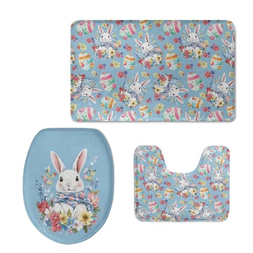 Badezimmermatte Kaninchen Blau Gelb Fußmatte 3 Teilig Bath Mat rutschfest Badmatte Saugfähig Wohnzimmer Badezimmerteppich Langlebig Badematte Waschbar Badteppich Set Badezimmermatten 50x80cm von HJOSWVNS