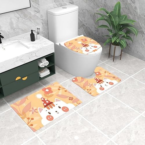 Badezimmermatte Katze Orange Blume Fußmatte 3 Teilig Duschvorleger rutschfest Badezimmerteppich Saugfähig Badvorleger Set Bath Mat Langlebig Badmatte Waschbar Badematte 50x80cm von HJOSWVNS