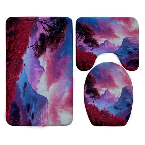Badezimmermatte Lila Berge Blumen Fußmatte 3 Teilig Bath Mat rutschfeste Badematte Saugfähig Badmatte Wohnzimmer Badezimmerteppich Langlebig Badvorleger Waschbar Badteppich Set 45x75cm von HJOSWVNS