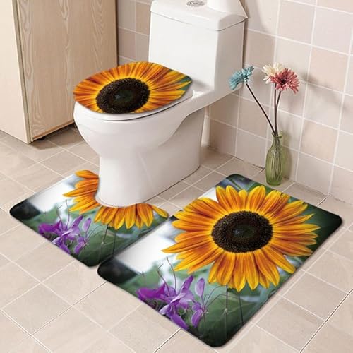 Badezimmermatte Lila Blume Gelb Fußmatte 3 Teilig Badteppich Set Bath Mat rutschfest Badmatte Saugfähig Teppich Wohnzimmer Langlebig Badezimmerteppich Waschbar Fussmatte Innen 45x75cm von HJOSWVNS