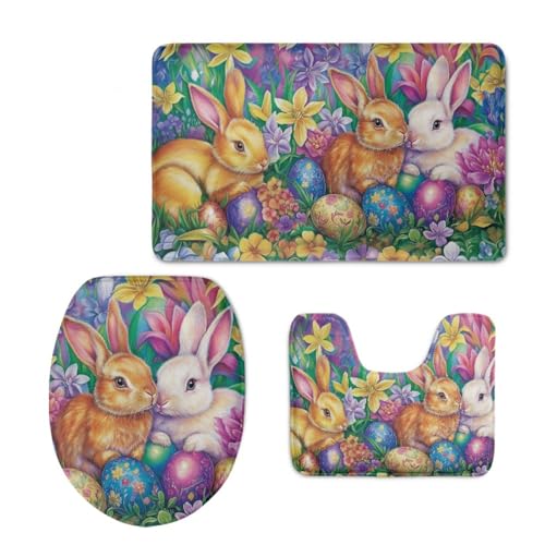 Badezimmermatte Lila Blume Kaninchen Fußmatte 3 Teilig Bath Mat rutschfest Badmatte Saugfähig Wohnzimmer Badezimmerteppich Langlebig Badematte Waschbar Badteppich Set Badezimmermatten 45x75cm von HJOSWVNS