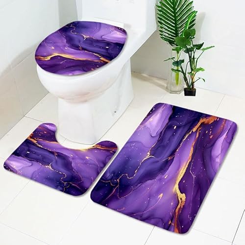 Badezimmermatte Lila Gold Marmor Fußmatte 3 Teilig Duschvorleger rutschfest Badezimmerteppich Saugfähig Badvorleger Set Bath Mat Langlebig Badmatte Waschbar Badematte 45x75cm von HJOSWVNS