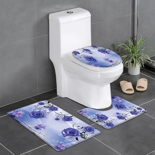Badezimmermatte Lila Rose Schmetterling Fußmatte 3 Teilig Duschvorleger rutschfest Badezimmerteppich Saugfähig Badvorleger Set Bath Mat Langlebig Badmatte Waschbar Badematte 45x75cm von HJOSWVNS