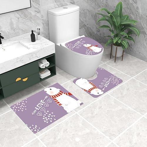 Badezimmermatte Lila Tiere Weiß Fußmatte 3 Teilig Duschvorleger rutschfest Badezimmerteppich Saugfähig Badvorleger Set Bath Mat Langlebig Badmatte Waschbar Badematte 45x75cm von HJOSWVNS