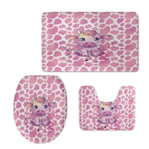 Badezimmermatte Mädchen Rosa Tier Fußmatte 3 Teilig Bath Mat rutschfest Badmatte Saugfähig Wohnzimmer Badezimmerteppich Langlebig Badematte Waschbar Badteppich Set Badezimmermatten 50x80cm von HJOSWVNS