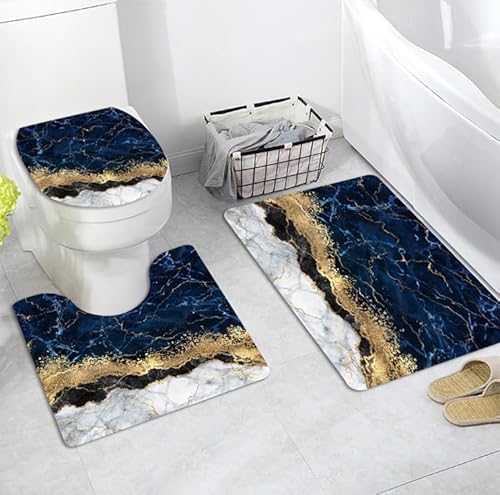 Badezimmermatte Marineblau Gold Fußmatte 3 Teilig rutschfeste Badematte Saugfähig Bath Mat Waschbar Bad Teppiche Set Schmutzfangmatte Fussmatte Innen 50x80cm von HJOSWVNS