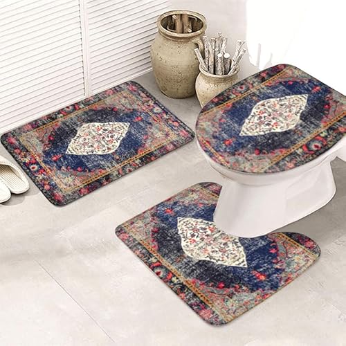 Badezimmermatte Marineblau Rot Fußmatte 3 Teilig Badteppich Set Badmatte rutschfest Rugs for Living Room Saugfähig Bath Mat Langlebig Fussmatte Innen Waschbar Badezimmerteppich 50x80cm von HJOSWVNS
