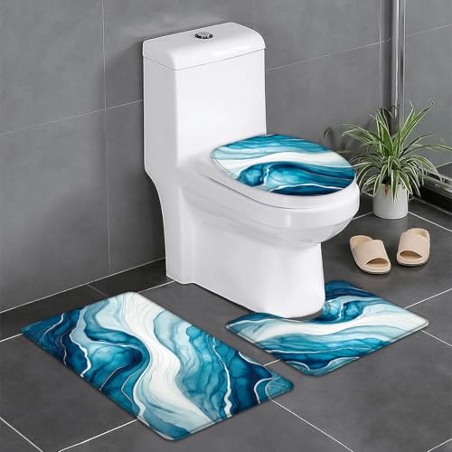 Badezimmermatte Marmorblau Weiß Fußmatte 3 Teilig Duschvorleger rutschfest Badezimmerteppich Saugfähig Badvorleger Set Bath Mat Langlebig Badmatte Waschbar Badematte 50x80cm von HJOSWVNS