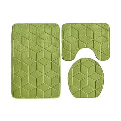 Badezimmermatte Matcha Grün Geometrie Fußmatte 3 Teilig Badteppich Set Badmatte rutschfest Rugs for Living Room Saugfähig Bath Mat Langlebig Fussmatte Innen Waschbar Badezimmerteppich 45x75cm von HJOSWVNS
