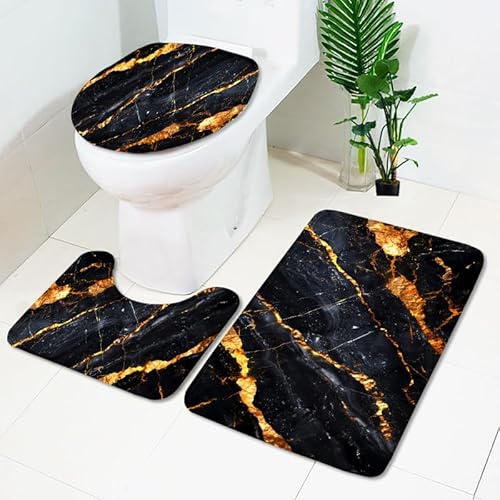 Badezimmermatte Minimalistisches Gold Schwarz Fußmatte 3 Teilig Duschvorleger rutschfest Badezimmerteppich Saugfähig Badvorleger Set Bath Mat Langlebig Badmatte Waschbar Badematte 50x80cm von HJOSWVNS