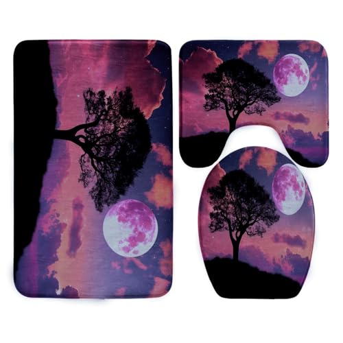 Badezimmermatte Mond Schwarzer Baum Fußmatte 3 Teilig Bath Mat rutschfeste Badematte Saugfähig Badmatte Wohnzimmer Badezimmerteppich Langlebig Badvorleger Waschbar Badteppich Set 50x80cm von HJOSWVNS