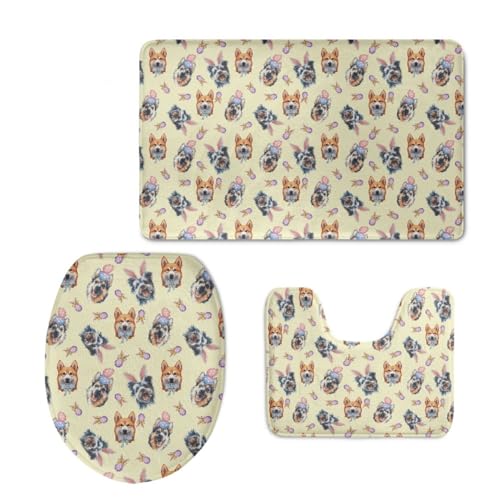 Badezimmermatte Niedlicher Gelber Hund Fußmatte 3 Teilig Bath Mat rutschfest Badmatte Saugfähig Wohnzimmer Badezimmerteppich Langlebig Badematte Waschbar Badteppich Set Badezimmermatten 45x75cm von HJOSWVNS