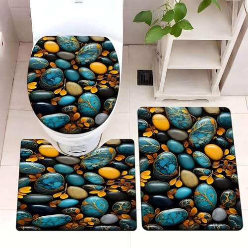 Badezimmermatte Orange Blume Gold Fußmatte 3 Teilig Badteppich Set Bath Mat rutschfest Badmatte Saugfähig Teppich Wohnzimmer Langlebig Badezimmerteppich Waschbar Fussmatte Innen 45x75cm von HJOSWVNS