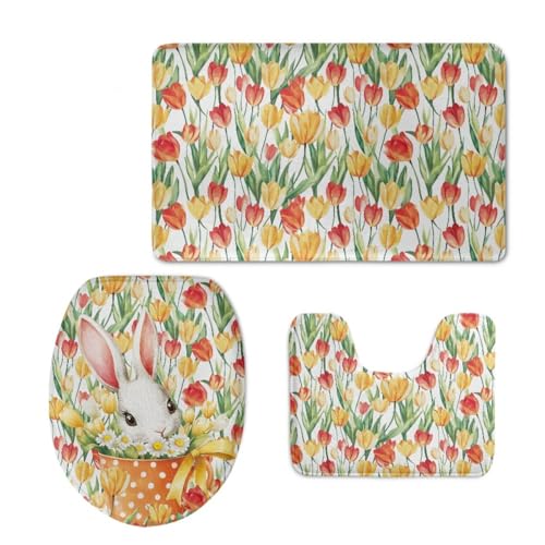 Badezimmermatte Orange Rot Grün Fußmatte 3 Teilig Bath Mat rutschfest Badmatte Saugfähig Wohnzimmer Badezimmerteppich Langlebig Badematte Waschbar Badteppich Set Badezimmermatten 50x80cm von HJOSWVNS
