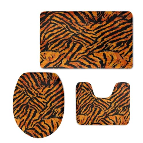 Badezimmermatte Orange Schwarzer Streifen Fußmatte 3 Teilig Bath Mat rutschfeste Badematte Saugfähig Badmatte Wohnzimmer Badezimmerteppich Langlebig Badvorleger Waschbar Badteppich Set 50x80cm von HJOSWVNS