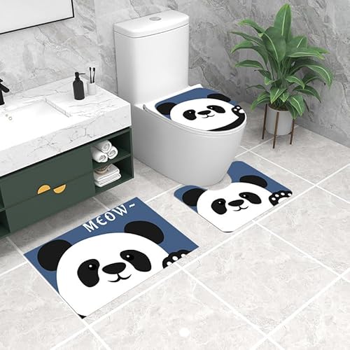 Badezimmermatte Panda Schwarz Blau Fußmatte 3 Teilig Duschvorleger rutschfest Badezimmerteppich Saugfähig Badvorleger Set Bath Mat Langlebig Badmatte Waschbar Badematte 45x75cm von HJOSWVNS