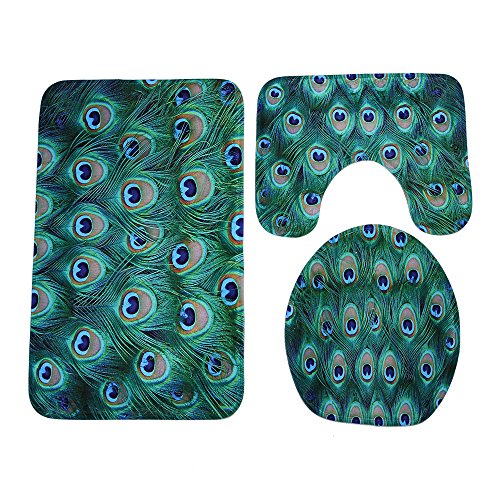 Badezimmermatte Pfaue Blau Grün Fußmatte 3 Teilig Badteppich Set Badmatte rutschfest Rugs for Living Room Saugfähig Bath Mat Langlebig Fussmatte Innen Waschbar Badezimmerteppich 45x75cm von HJOSWVNS