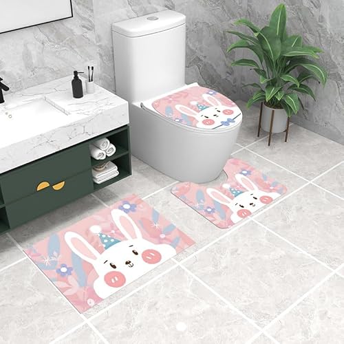 Badezimmermatte Pink Rabbit Blue Fußmatte 3 Teilig Duschvorleger rutschfest Badezimmerteppich Saugfähig Badvorleger Set Bath Mat Langlebig Badmatte Waschbar Badematte 50x80cm von HJOSWVNS