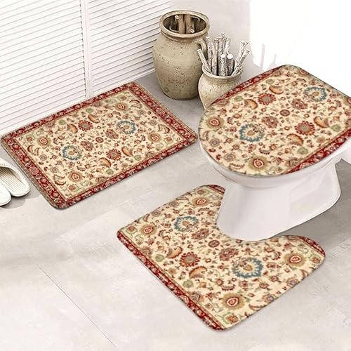 Badezimmermatte Retro Rot Beige Fußmatte 3 Teilig Badteppich Set Badmatte rutschfest Rugs for Living Room Saugfähig Bath Mat Langlebig Fussmatte Innen Waschbar Badezimmerteppich 45x75cm von HJOSWVNS