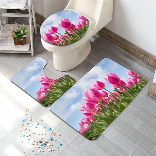 Badezimmermatte Rosa Blume Grün Fußmatte 3 Teilig Badteppich Set Badmatte rutschfest Rugs for Living Room Saugfähig Bath Mat Langlebig Fussmatte Innen Waschbar Badezimmerteppich 50x80cm von HJOSWVNS