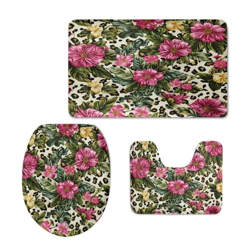 Badezimmermatte Rosa Blume Grün Fußmatte 3 Teilig Bath Mat rutschfeste Badematte Saugfähig Badmatte Wohnzimmer Badezimmerteppich Langlebig Badvorleger Waschbar Badteppich Set 50x80cm von HJOSWVNS