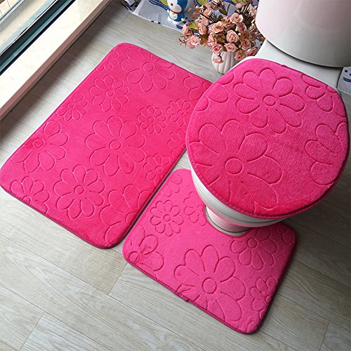 Badezimmermatte Rosa Blumen Fußmatte 3 Teilig Badteppich Set Bath Mat rutschfest Badmatte Saugfähig Teppich Wohnzimmer Langlebig Badezimmerteppich Waschbar Fussmatte Innen 50x80cm von HJOSWVNS