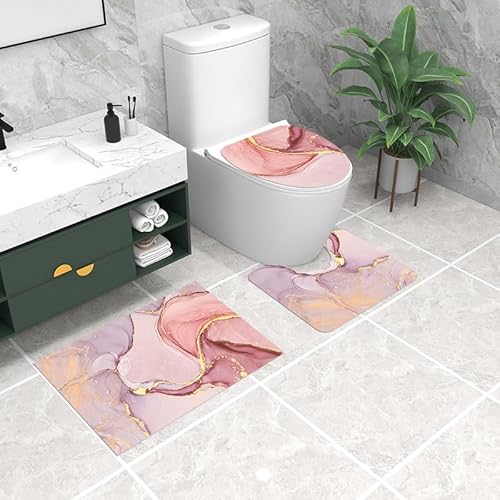 Badezimmermatte Rosa Gold Lila Fußmatte 3 Teilig rutschfeste Badematte Saugfähig Bath Mat Waschbar Bad Teppiche Set Schmutzfangmatte Fussmatte Innen 50x80cm von HJOSWVNS