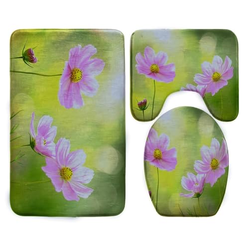 Badezimmermatte Rosa Grünes Muster Fußmatte 3 Teilig Bath Mat rutschfeste Badematte Saugfähig Badmatte Wohnzimmer Badezimmerteppich Langlebig Badvorleger Waschbar Badteppich Set 50x80cm von HJOSWVNS