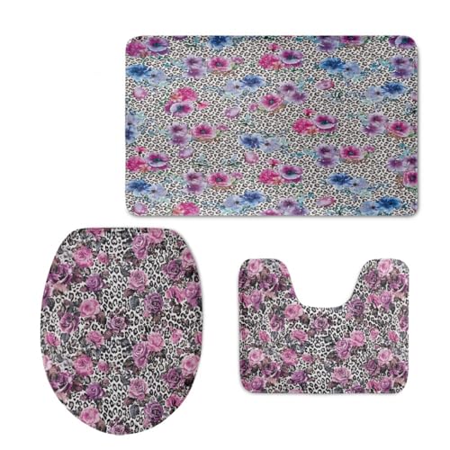 Badezimmermatte Rose Blau Lila Fußmatte 3 Teilig Bath Mat rutschfeste Badematte Saugfähig Badmatte Wohnzimmer Badezimmerteppich Langlebig Badvorleger Waschbar Badteppich Set 45x75cm von HJOSWVNS