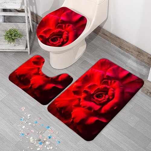 Badezimmermatte Rote Blume Fußmatte 3 Teilig Badteppich Set Badmatte rutschfest Rugs for Living Room Saugfähig Bath Mat Langlebig Fussmatte Innen Waschbar Badezimmerteppich 45x75cm von HJOSWVNS