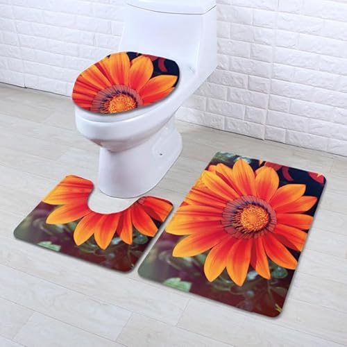 Badezimmermatte Rote Orange Blume Fußmatte 3 Teilig Badteppich Set Bath Mat rutschfest Badmatte Saugfähig Teppich Wohnzimmer Langlebig Badezimmerteppich Waschbar Fussmatte Innen 50x80cm von HJOSWVNS