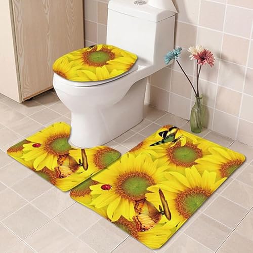 Badezimmermatte Schmetterling Gelbe Blume Fußmatte 3 Teilig Badteppich Set Bath Mat rutschfest Badmatte Saugfähig Teppich Wohnzimmer Langlebig Badezimmerteppich Waschbar Fussmatte Innen 50x80cm von HJOSWVNS