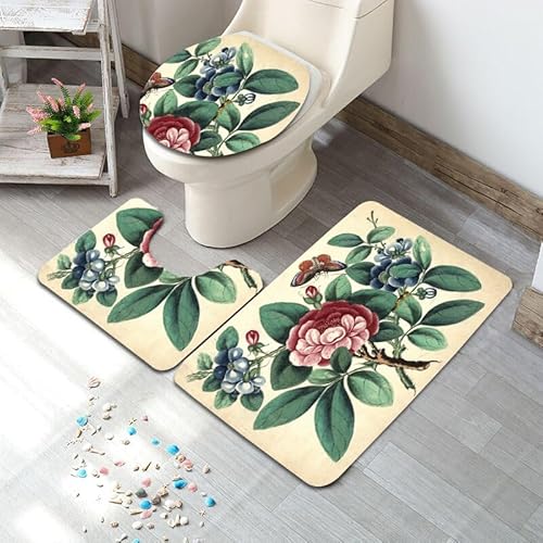 Badezimmermatte Schmetterling Grüne Blume Fußmatte 3 Teilig Badteppich Set Badmatte rutschfest Rugs for Living Room Saugfähig Bath Mat Langlebig Fussmatte Innen Waschbar Badezimmerteppich 50x80cm von HJOSWVNS