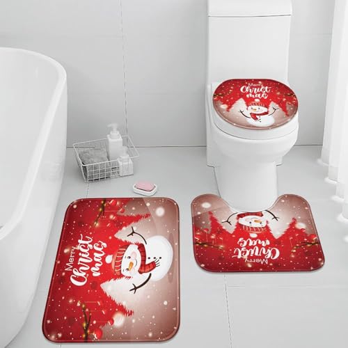 Badezimmermatte Schneemann Rot Fußmatte 3 Teilig Duschvorleger rutschfest Badezimmerteppich Saugfähig Badvorleger Set Bath Mat Langlebig Badmatte Waschbar Badematte 50x80cm von HJOSWVNS