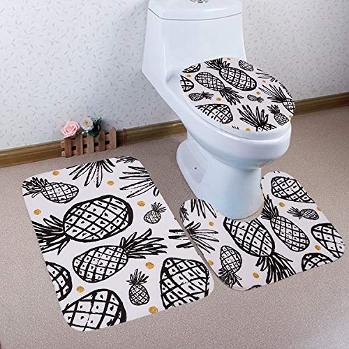 Badezimmermatte Schwarz Goldene Ananas Fußmatte 3 Teilig Badteppich Set Badmatte rutschfest Rugs for Living Room Saugfähig Bath Mat Langlebig Fussmatte Innen Waschbar Badezimmerteppich 45x75cm von HJOSWVNS