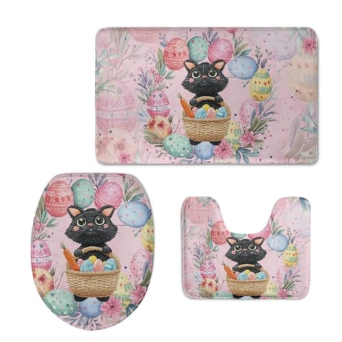 Badezimmermatte Schwarz Katze Rosa Fußmatte 3 Teilig Bath Mat rutschfest Badmatte Saugfähig Wohnzimmer Badezimmerteppich Langlebig Badematte Waschbar Badteppich Set Badezimmermatten 50x80cm von HJOSWVNS