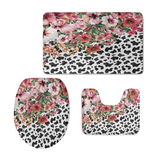 Badezimmermatte Schwarze Blume Rot Fußmatte 3 Teilig Bath Mat rutschfeste Badematte Saugfähig Badmatte Wohnzimmer Badezimmerteppich Langlebig Badvorleger Waschbar Badteppich Set 50x80cm von HJOSWVNS
