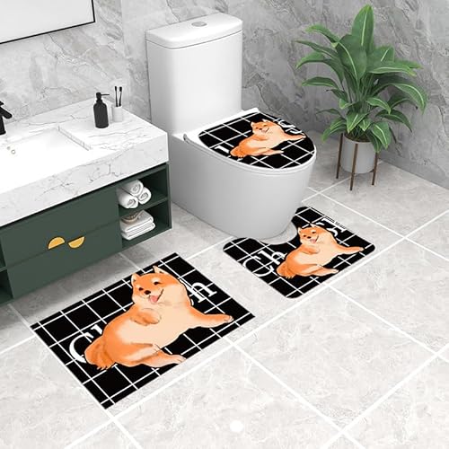 Badezimmermatte Schwarzer Brauner Hund Fußmatte 3 Teilig Duschvorleger rutschfest Badezimmerteppich Saugfähig Badvorleger Set Bath Mat Langlebig Badmatte Waschbar Badematte 50x80cm von HJOSWVNS