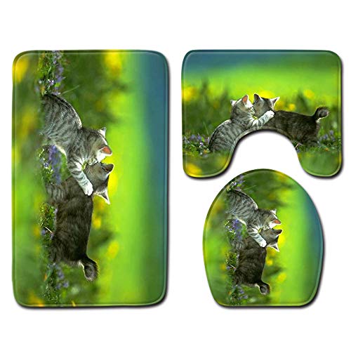 Badezimmermatte Smaragdgrüne Katze Fußmatte 3 Teilig Duschvorleger rutschfest Badezimmerteppich Saugfähig Badvorleger Set Bath Mat Langlebig Badmatte Waschbar Badematte 50x80cm von HJOSWVNS