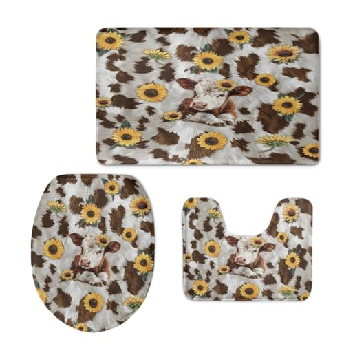 Badezimmermatte Sonnenblumen Gelb Braun Fußmatte 3 Teilig Bath Mat rutschfeste Badematte Saugfähig Badmatte Wohnzimmer Badezimmerteppich Langlebig Badvorleger Waschbar Badteppich Set 50x80cm von HJOSWVNS