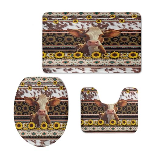 Badezimmermatte Sonnenblumen Gelb Tier Fußmatte 3 Teilig Bath Mat rutschfest Badmatte Saugfähig Wohnzimmer Badezimmerteppich Langlebig Badematte Waschbar Badteppich Set Badezimmermatten 50x80cm von HJOSWVNS