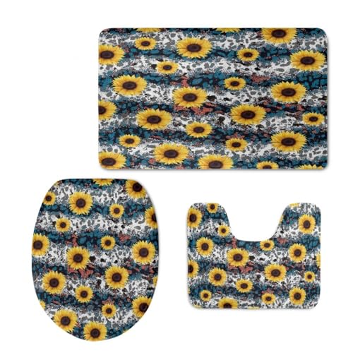 Badezimmermatte Sonnenblumenblau Gelb Fußmatte 3 Teilig Bath Mat rutschfest Badmatte Saugfähig Wohnzimmer Badezimmerteppich Langlebig Badematte Waschbar Badteppich Set Badezimmermatten 45x75cm von HJOSWVNS