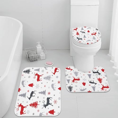 Badezimmermatte Tier Grau Rot Fußmatte 3 Teilig Duschvorleger rutschfest Badezimmerteppich Saugfähig Badvorleger Set Bath Mat Langlebig Badmatte Waschbar Badematte 45x75cm von HJOSWVNS